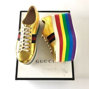 Gucci Peggy Rainbow Stripe Metallic Gold Platform Sneakers 39